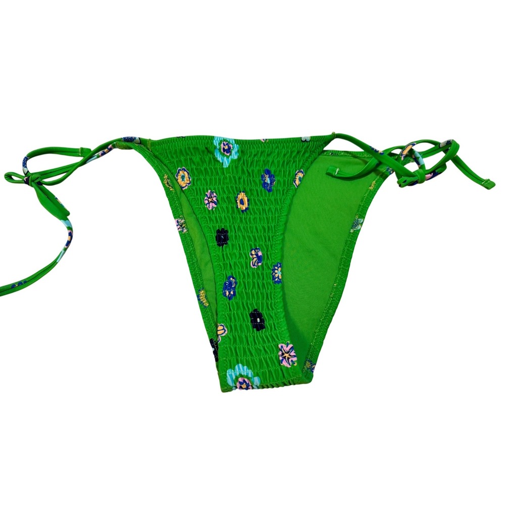 Aerie Real Good Smocked Floral Side Tie‎ Cheeky Bikini Bottom Green XS NEW